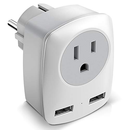 Product Cover Europe Travel Adapter, European Plug Adapter for America to France/Germany/Italy/Finland/Greece/Iceland, International Power Adaptor 2 USB & 1 US Outlet to Charge iPhone iPad Laptop (Schuko Type E/F)