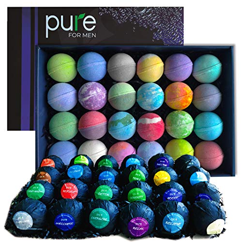 Product Cover Men's Bath Bombs Gift Set. 24 Therapeutic Shea Bath Bombs for Men! Large Spa Fizzers with Moisturizing & Essential Oils. Aromatherapy Bath Bomb Set makes Best Gift Set for Men, Husband, Boyfriend etc