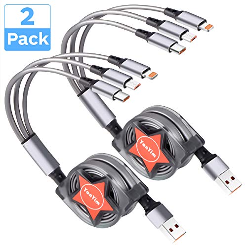 Product Cover Multi Retractable 2.4A Fast Charger Cord, Yonyim Multiple Charging Cable 4Ft 3-in-1 USB Charge Cord with Phone/Type C/Micro USB for Phone/Huawei/Samsung Galaxy/Pixel/Sony/LG/HTC (2 Pack)