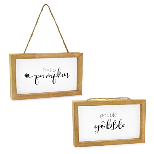 Product Cover AuldHome Farmhouse Decor Fall Theme Wood Signs (Set of 2); Door Hanger Welcome Harvest Thanksgiving Autumn Seasonal Plaques 8.5 x 5 inches