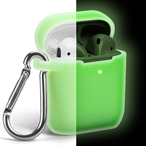Product Cover Airpods Case, GMYLE Silicone Protective Shockproof Wireless Charging Airpods Earbuds Case Cover with Keychain kit Set Compatible for Apple AirPods 1 & 2 - Night Glow Neon Green [Front LED Visible]