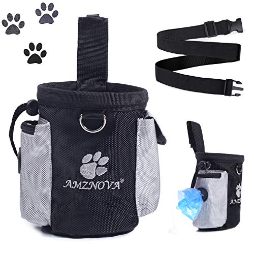 Product Cover AMZNOVA Dog Treat Bag, Puppy Training Pouch, Animal Walking Snack Container Best Hiking Toys Pack Dispenser Carries with Waistband, Black