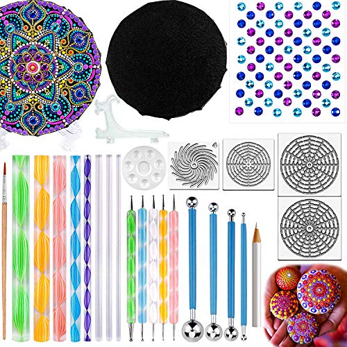 Product Cover Mandala Dotting Tools, 27 PCS Kits Stencil Painting Tools for Canvas Rocks Crafting and Drafting Art Supplies with Gemstone Sticker White Pencil Outline Brush Black Canvas Plastic Bracket