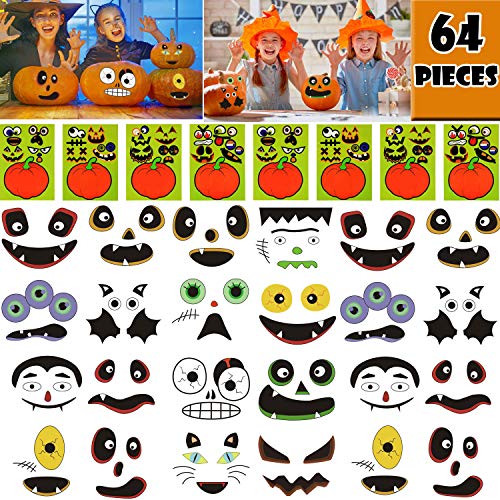 Product Cover OuMuaMua 64 Packs Halloween Pumpkin Decorating Stickers - 16 Sheet Pumpkin Face Stickers in 32 Designs for Halloween Party Supplies Trick or Treat Party Favors