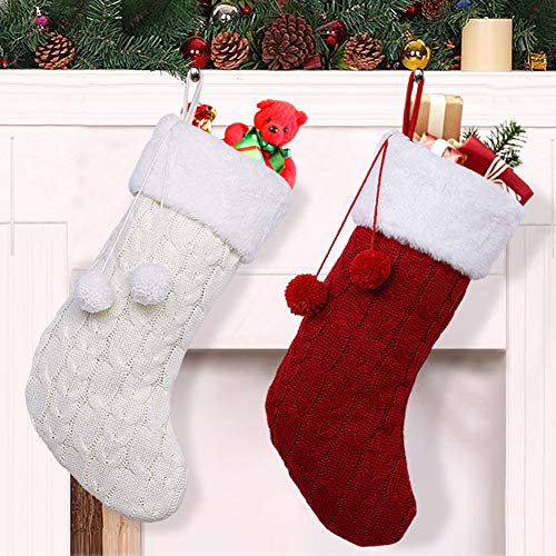 Product Cover OurWarm 2pcs Knit Christmas Stockings, 18 Inch Large Rustic Cable Knit Christmas Stockings with Pom Pom for Christmas Decorations (Cream and Burgundy)