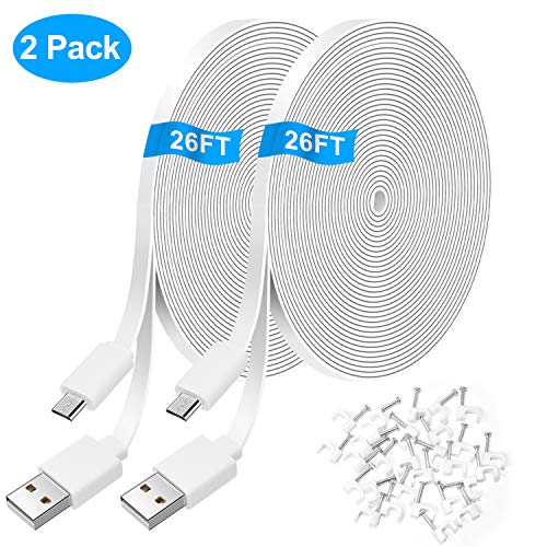 Product Cover 2 Pack 26FT Flat Power Extension Cable for WyzeCam,WyzeCam Pan,KasaCam Indoor,NestCam Indoor,Yi Camera, Blink, USB to Micro USB Flat Charging Cord for Security Cam with Wire Clips