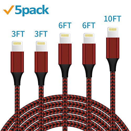 Product Cover Binecsies MFi Certified iPhone Charger Lightning Cable 5 Pack Extra Long Nylon Braided USB Charging & Syncing Cord Compatible iPhone Xs/Max/XR/X/8/8Plus/7/7Plus/6S/6S Plus/SE/iPad/Nan More