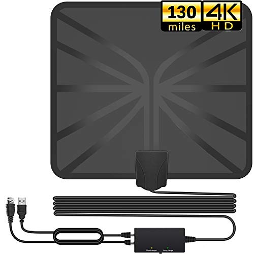 Product Cover TV Antenna, 2020 Newest Indoor Digital HDTV Amplified Antennas Freeview 4K HD VHF UHF for Local Channels 130+ Miles Range with Switch Amplifier Signal Booster Support All TV's-16.5ft Coax Cable