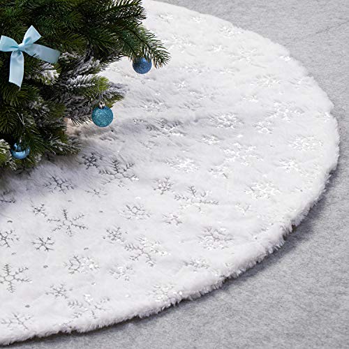 Product Cover EDLDECCO 48 Inches Christmas Tree Skirt White Luxury Cozy Faux Fur Silver Snowflake Sequin Embroidered Double Layers Handicraft Xmas Decoration Holiday Ornaments