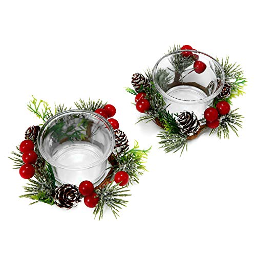 Product Cover OYATON Christmas Votive Candle Holders with Snowy Pinecone Berry Candle Ring, Decorative Glass Tealight Candle Holder Set of 2 for Home, Wedding, Living Room and Bedroom Decor(Exclude Candles)