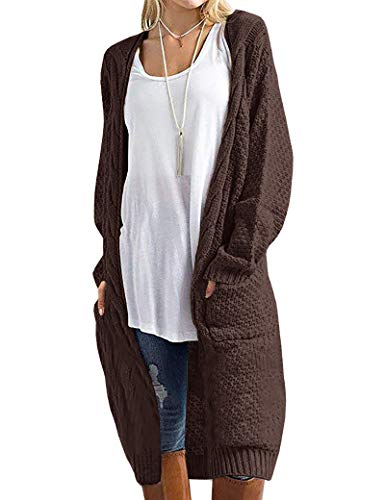 Product Cover Fessceruna Women Cardigans Fall Long Sleeve Open Front Pocket Chunky Cable Knitted Sweater Coat ... Brown