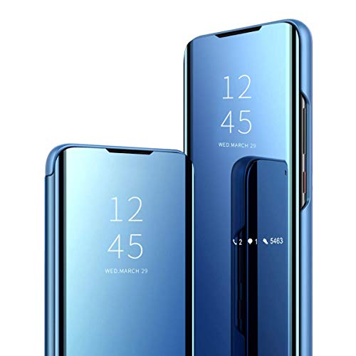Product Cover Priefy Kickstand Mirror Luxury Electroplate Plating Smart Clear View Flip Case Cover Compatible for Samsung Galaxy Note 10 Plus (Blue)