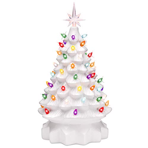 Product Cover Best Choice Products 15in Pre-Lit Hand-Painted Ceramic Tabletop Christmas Tree Holiday Decoration w/ 64 Multicolored Lights - White
