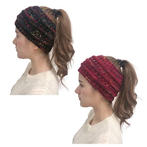 Product Cover Women Winter Stretchy Soft Knitted Comfort Ponytail Beanie Hats Skullies Cap Ear Warmer Headband (Black+Red-multi)