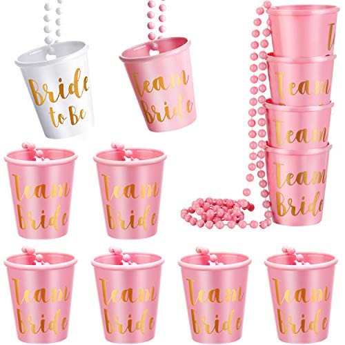 Product Cover Maitys 12 Pieces Team Bride/Groom and Bride/Groom to Be Plastic Beaded Bridal Shot Glass Necklace Rose Red/Pink/Black and White with Gold Foil for Bachelor/Bachelorette Party Necklace (Bride Style B)