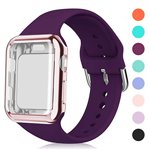 Product Cover Huishang Compatible for Apple Watch Band 38mm with Screen Protector Case, Soft Silicone Sport Replacement Wristband for iWatch Series 3 2 1 (38mm, Purple)