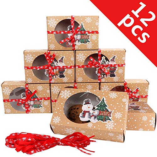 Product Cover OurWarm 12 Packs Christmas Cookie Boxes with Window, Food Grade Kraft Bakery Boxes with Oilpaper and Ribbons, Cupcake Boxes for Holiday Gift Giving, Christmas Party Favors, Fits 12 Cookies or Cakes