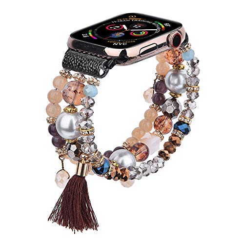 Product Cover CAGOS Bracelet Beadeds Compatible for Apple Watch Band 44mm/42mm Women Girl,Cute Handmade Fashion Elastic Beaded Strap Compatible for Apple iWatch Series 5/4/3/2/1 (Brown, 42mm)