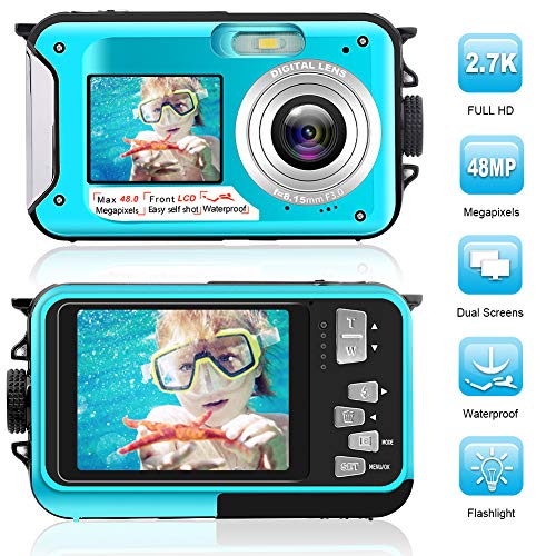 Product Cover Waterproof Digital Camera Full HD 2.7K 48 MP Underwater Camera Video Recorder Selfie Dual Screens 16X Digital Zoom Flashlight Waterproof Camera for Snorkeling