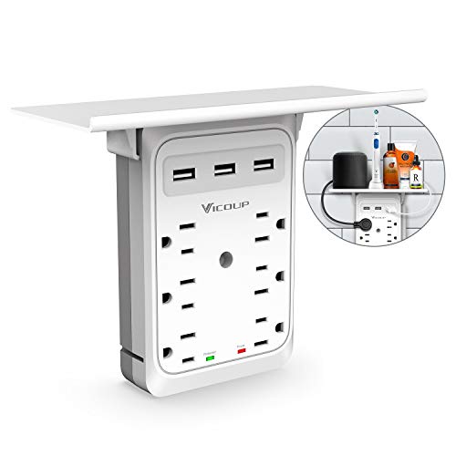 Product Cover Surge Protector Socket Outlet Shelf, VICOUP 6 Outlet Multi Plug Outlet Extender with 3 USB Ports & Removable Built-in Shelf for Home & Kitchen, 1080J, White - VI168