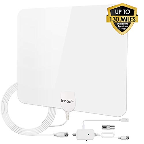 Product Cover TV Antenna - HD Antenna Support 4K 1080P, 80-130 Miles Range Digital Antenna for HDTV, VHF UHF Freeview Channels Antenna with Amplifier Signal Booster, 16.5 Ft Longer Coaxial Cable, White