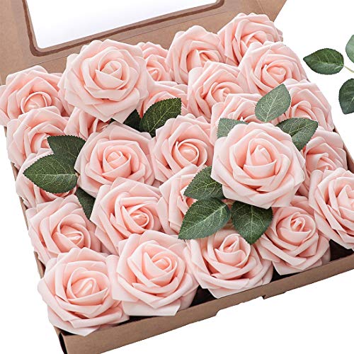 Product Cover Floroom Artificial Flowers 25pcs Real Looking Blush Fake Roses with Stems for DIY Wedding Bouquets Bridal Shower Centerpieces Party Decorations