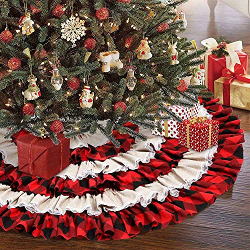 Product Cover AerWo Christmas Tree Skirt 48 inches, Red Black Buffalo Check and Burlap Christmas Tree Skirt for Holiday Christmas Decorations, 6 Layers Ruffled Xmas Tree Skirt