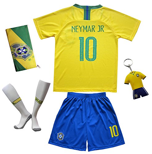 Product Cover KID BOX Brazil #10 Neymar JR. Kids Home Soccer Jersey & Shorts Socks Set Youth Sizes (Yellow, 7-8 Years)