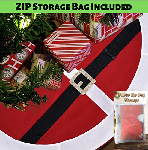 Product Cover Premium Fleece Christmas Tree Skirt (48 Inch) + Bonus Zip Storage Bag - No Scratch! - Santa Belt Suit Design w/Real Belt Loop - Great Xmas Gift - Large Skirts Fits All Trees (Santa Suit Red, Fleece)