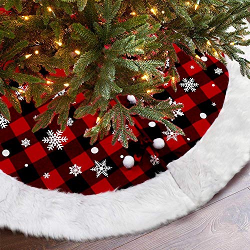Product Cover OurWarm Christmas Tree Skirt 48 Inch Luxury Buffalo Plaid Tree Skirt with Plush Faux Fur Trim for Rustic Christmas Holiday Decorations, White Snowflake Tree Skirt