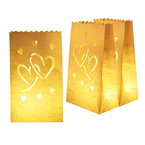 Product Cover Homemory 50 PCS White Luminary Bags with Hearts, Flame Resistant Candle Bags, Tea Light Luminaries for Wedding, Valentine's Day, Halloween, Thanksgiving, Christmas, Party