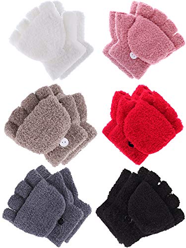 Product Cover 6 Pairs Convertible Fingerless Gloves Warm Knit Glove with Mitten Cover for Kids of 4-11 Years Old