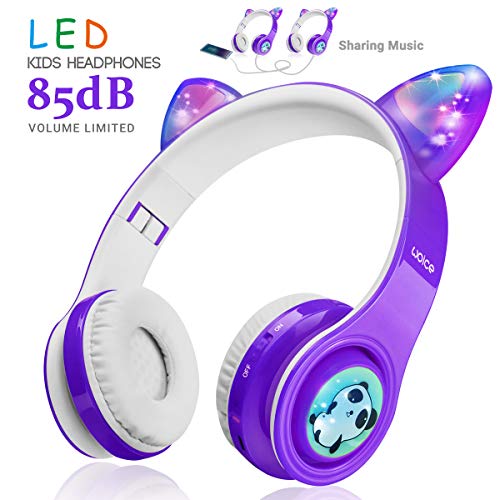 Product Cover Kids Wireless Bluetooth Headphones-WOICE, LED Flashing Lights, Music Sharing Function, Long Lasting Battery and 85db Volume Limited WOICE Children Bluetooth Headphones for Boys Girls (Purple)