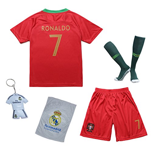 Product Cover KID BOX 2018 Portugal Cristiano Ronaldo #7 Home Red Kids Soccer Football Jersey Gift Set Youth Sizes (Home Red, 3-4 Years)