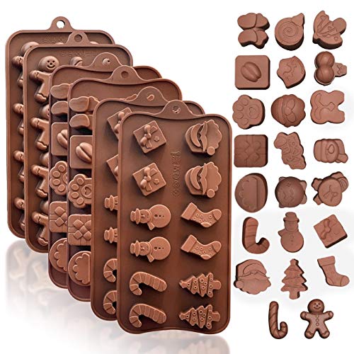 Product Cover Christmas Silicone Chocolate and Candy Molds - Small Baking Molds for Cake Toppers, Ice Cubes, Jello, DIY Candles - Gingerbread, Candy Cane, Santa, Snowman - Xmas Themed Molds 6-Pack