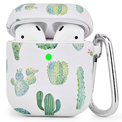 Product Cover AirPods Case - CAGOS 3 in 1 Cute AirPods Case Sets Printed PU Leather Design Protective Cover Case [Front LED Visible] Women Girls for Apple AirPods 2&1 Charge Case Keychain - White Cactus
