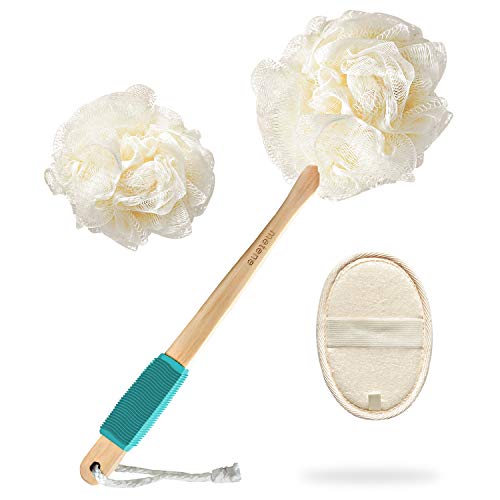 Product Cover Loofah Sponge Shower Body Brush for Exfoliating 3 in 1 Set Includes Long Handled Back Scrubber, Bath Sponge Luffa Ball and Natural Exfoliator Loofah Pad for Men & Women Body, Face and Spa Washing