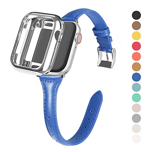 Product Cover MARGE PLUS Compatible Apple Watch Band with Case 38mm 40mm Women, Slim Genuine Leather Watch Strap with Soft TPU Protective Case Replacement for iWatch Series 5 4 3 2 1, Dark Blue