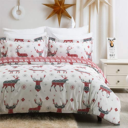 Product Cover Bedsure Christmas Duvet Cover Set, Full/Queen (90×90 inches) - Reversible Reindeer Pattern - Soft Microfiber Comforter Cover, 3 Pieces Bedding with 1 Duvet Cover (No Comforter Insert), 2 Pillow Shams