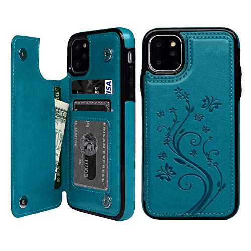 Product Cover SUPWALL iPhone 11 Pro Wallet Case, Case with Card Holder Embossed Butterfly Premium PU Leather Double Magnetic Buttons Flip Shockproof Protective Cover for iPhone 11 Pro 5.8 inch, Blue