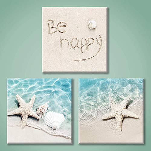 Product Cover Beach Starfish Canvas Wall Art: Starfish and Conch in The Teal Sea Water Picture Prints on Canvas for Bathroom (12'' x 12'' x 3 Panels)
