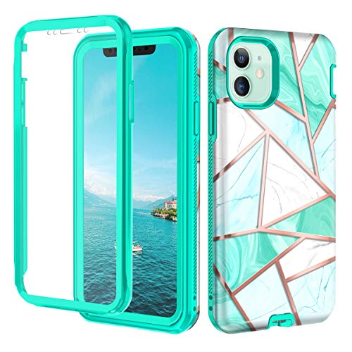 Product Cover Hekodonk Compatible iPhone 11 Case Built in Screen Protector Heavy Duty High Impact Hard PC TPU Bumper Full Body Protective Shockproof Anti-Scratch Cover for Apple iPhone 11-Marble Mint