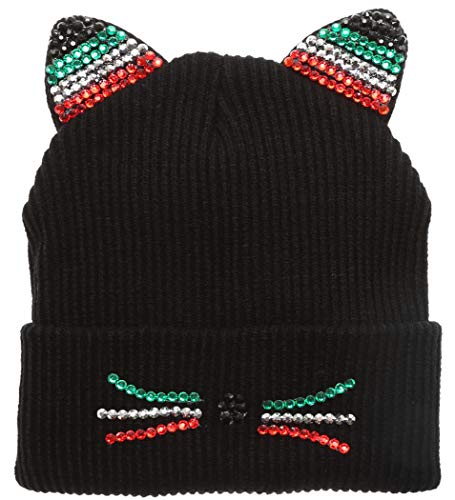 Product Cover MIRMARU Women's Soft Warm Embroidered Meow Cat Ears Knit Beanie Hat with Stone Embellished