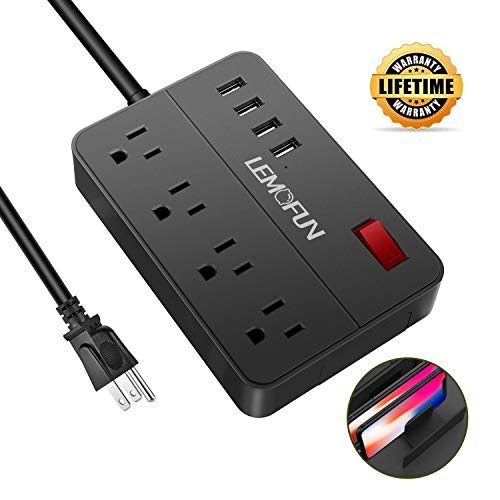 Product Cover Power Strip with USB, 4 Outlet 4 Fast-Charging USB Ports with Surge Protector, Anti-Slip Pads, Flat Plug, 5ft Flexible Extension Cord, Portable Desktop Power Strips for College Dorm Room Home Office