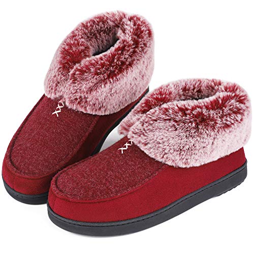 Product Cover Women's Cozy Memory Foam Slippers Fluffy Wool Like Faux Fur Fleece Lined House Shoes with Non Skid Indoor Outdoor Sole (8 B(M) US, Burgundy)