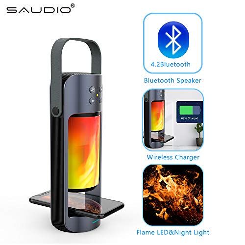 Product Cover Portable Flame LED Night Light with Bluetooth Speaker Stereo Wireless Charger, SAUDIO Extraordinary Bass Support TWS SD/USB Plug&Play,Hands Free Answer for iOS Android Phones