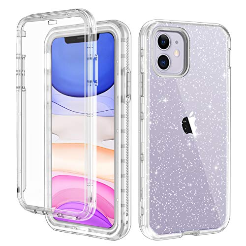 Product Cover LONTECT for iPhone 11 Case Built-in Screen Protector Glitter Clear Sparkly Bling Rugged Shockproof Hybrid Full Body Protective Case Cover for Apple iPhone 11 6.1 2019, Clear/Silver Glitter