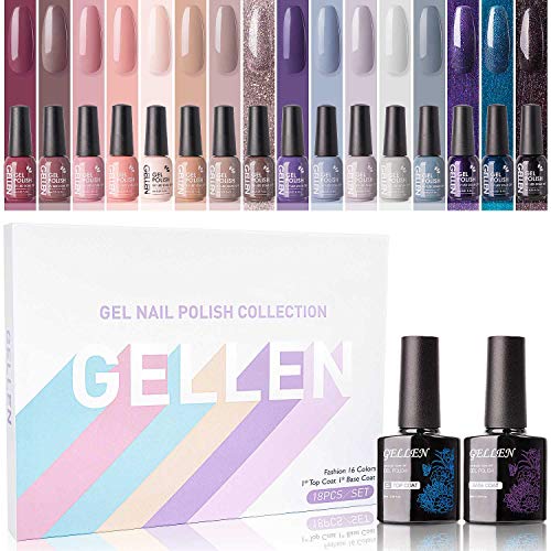 Product Cover Gellen Gel Nail Polish Kit 16 Colors With Top Base Coat - Popular Autumn Winter Gel Colors Collection, Nude Shimmer Glitter UV Nail Gel Colors Manicure Set