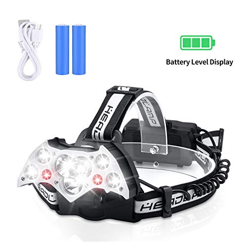 Product Cover YCTEC 12000 Lumen Bright 9 LED Headlamp Flashlight with White Red Lights, Battery Level Display, Waterproof USB Rechargeable Headlamp with 6 Lighting Modes for Running Camping Cycling