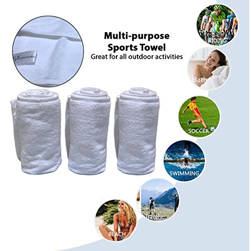 Product Cover Fitness GURU Gym Sports Towel-3 Pack for Exercise, Work Out, Sweat, Hiking,spa, Basketball, 100% Cotton Machine Washable White Perfect for Men and Women Super Absorbent Plus Bonus Gym Bag